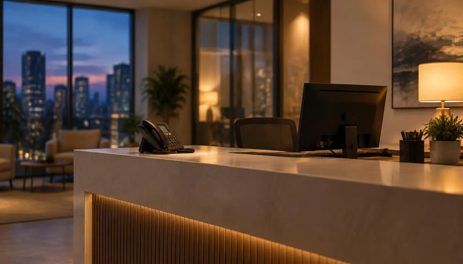 Empty office reception desk with a phone and computer in warm evening light after business hours