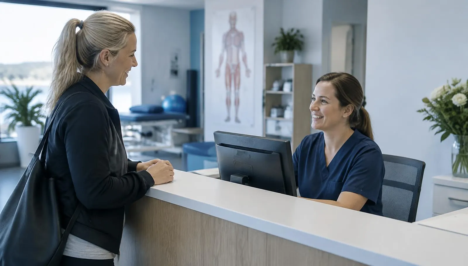 Clinic receptionist using a computer while helping a customer at the front desk