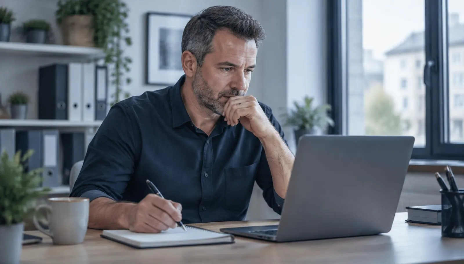 Business owner reviewing a list of customer enquiries on a laptop and taking notes