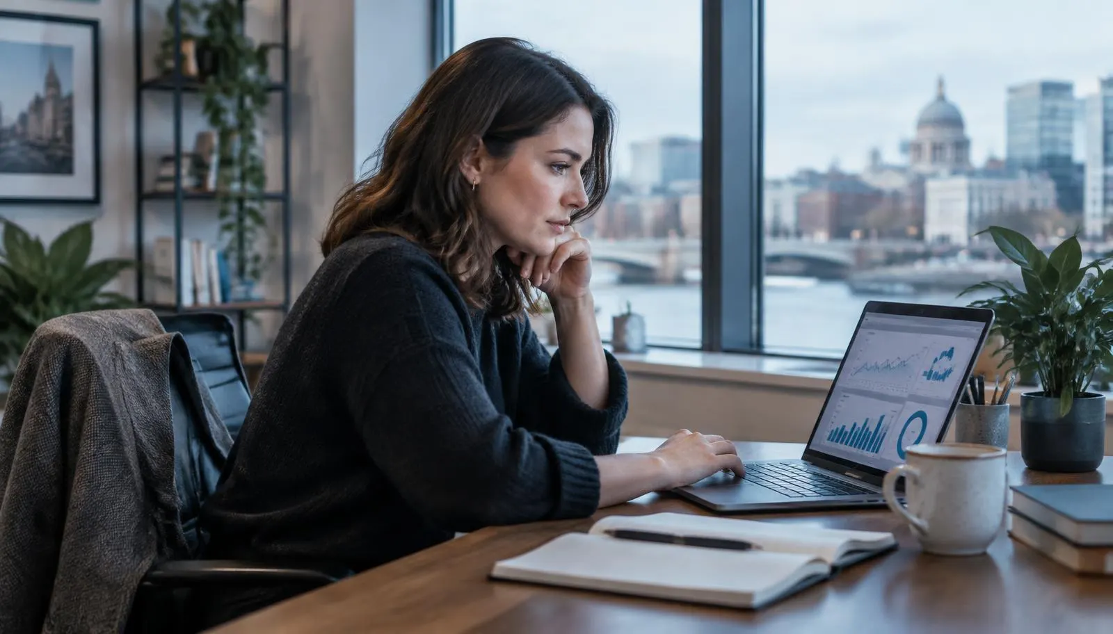 Marketing specialist reviewing advertising performance charts on a laptop in a bright office
